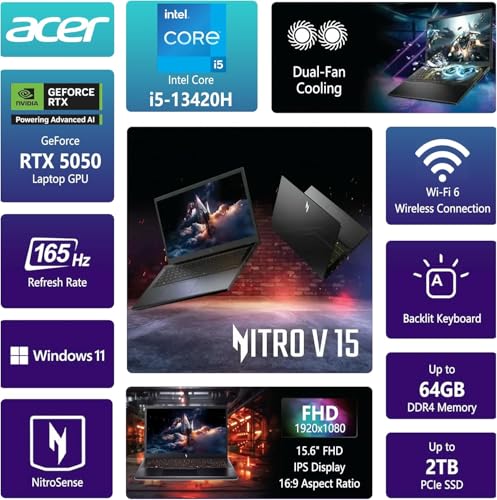 Nitro V 15,6" FHD Gaming Laptop, Intel Core i5-13420H, GeForce RTX 5050, 32GB RAM 1TB SSD, 128gb 9H Docking Station, Webcam, Wi-Fi, tastiera retroilluminata, Windows 11 Home, nero - Notebook - Immagine 4