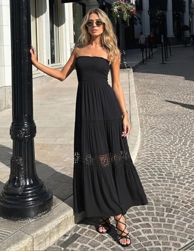 Image of ZESICA Women's 2026 Summer Boho Maxi Dresses Strapless Off Shoulder Lace Flowy A Line Beach Vacation Long Sundress