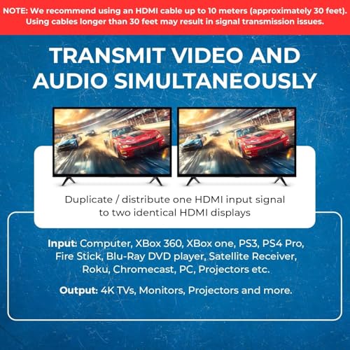 Image of OREI 4K HDMI Splitter 1 in 2 Out - 1X2 HDMI Splitter for Dual Monitors Ultra HD 4K@30Hz with [ 2ft HDMI Cable ], 3D & 1080P Support for Xbox, PS4, Blu-ray, HDT, Will not Extend Display Screen