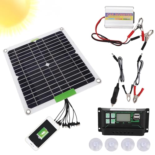 Kit solaire de 11,22 pouces, kit complet de panneaux solaires | Panneau solaire 50 W et système de conversion 220 W | Convertisseur d'énergie solaire DC 12 V AC 220 V avec port USB et lumière LED
