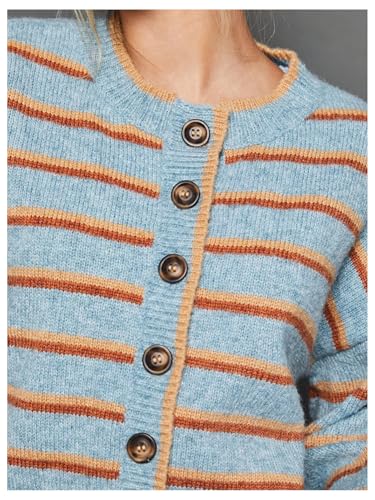 Image of BEAUDRM Women's Striped Button Down Crop Cardigans Long Sleeve Crew Neck Knitted Cardigan Sweaters Multicolor X-Large