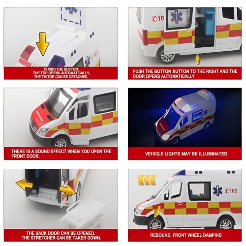 Image of 1:32 Scale Die-Cast Mercedess Ambulance Emergency Rescue Toy, Light and Siren Sound Effects, Pull-Back Action, Openable Doors and Rear Hatch for Kids (Ambulance), Red