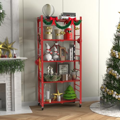 Image of Himix 5-Tier Foldable Storage Shelf 20 Hooks Wheels Garage Red No Assembly
