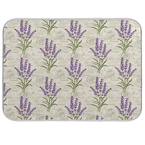 Lavender Dish Drying Mat 16x18 inch Flowers Stall Floral Grunge Herbs Leaves Purple Dish Drainer Kitchen Counter Mats Bottles Dish Dry Pad Protector for Kitchen Countertops