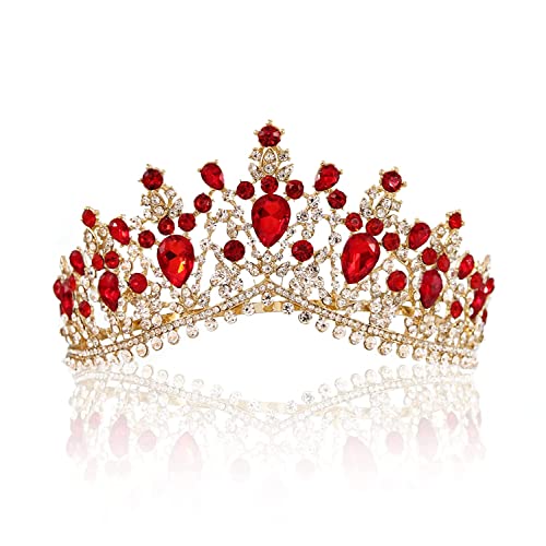 Elegant Queen Crown for Women Jeweled Rhinestones Formal Evening Prom Party Headpieces,Red