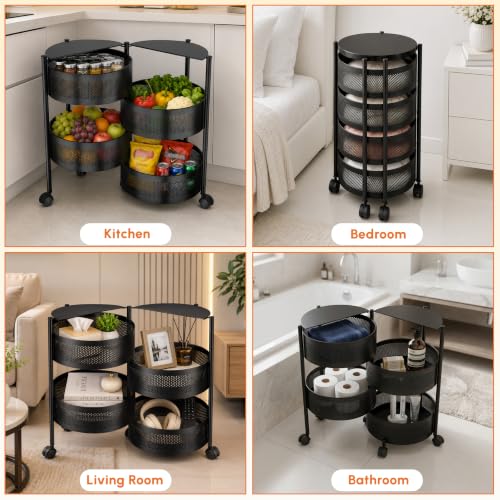 Image of JD FRESH 4 Tier Metal Rotating Kitchen Trolley /360-Degree Rotating Wheels with Expandable Side Opening Design /Movable Butterfly Trolley and Storage Shelf for Kitchen, Livingroom or Bathroom (Black)