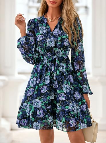 PRETTYGARDEN Women's Fall Boho Dresses 2025 Floral Long Sleeve V Neck Mini Flowy Wedding Guest Dress Trendy Vacation Outfits3