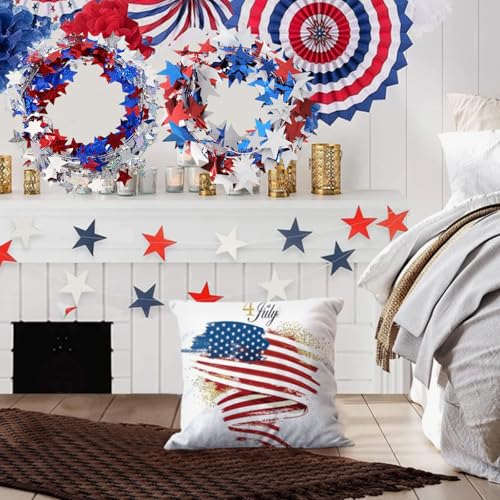 mdgfge 4th of July Patriotic Tinsel Stars Wire Garlands Decoration Metallic Glitter Tinsel Red White Blue Wreath with Stars for Independence Day Memorial Day Party Home Front Door Décor (2 Pcs) - Thumbnail 3