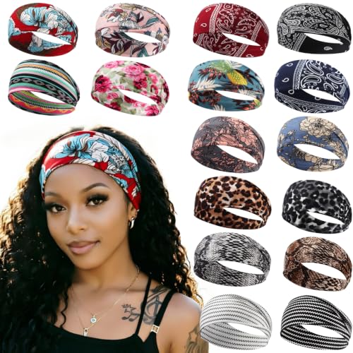 Image of DRESHOW Yoga Running Leopard Headbands for Women Elastic Non-Slip Headbands Sports Workout Hair Bands 16 Pack