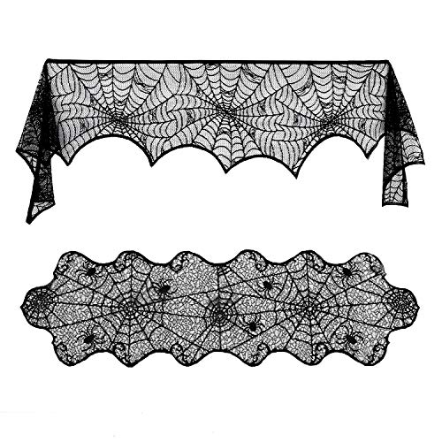 Lulu Home Halloween Fireplace Decorations, Fireplace Mantle Scarf Cover and Table Cloth, Black Lace...