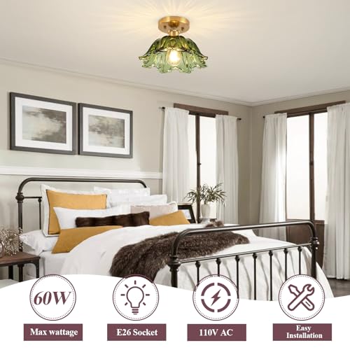 Image of Semi Flush Mount Ceiling Light, Vintage Ceiling Light 11 inch, Green Shade Glass Light Fixture for Kitchen Bedroom Dining Room,Bulb not Included
