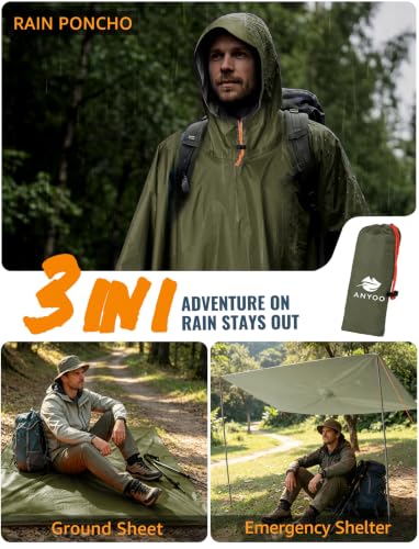 Image of ANYOO Hooded Rain Poncho for Adults Waterproof Lightweight Rain Coat for Men Women Reusable Rain Jacket for Emergency Outdoor