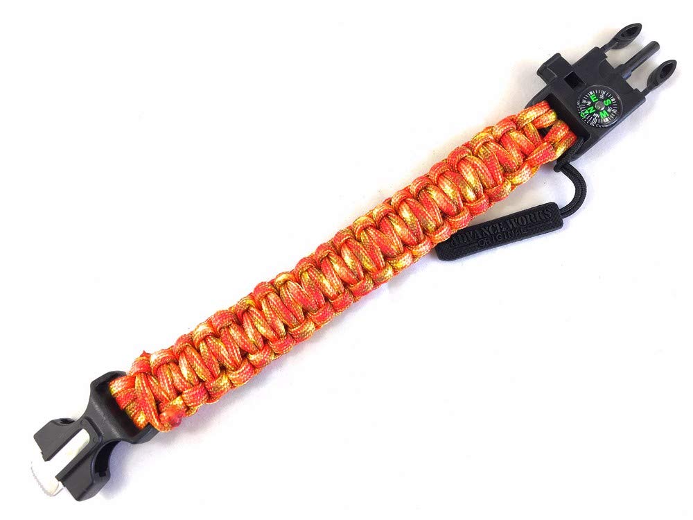 ????????? Advance Works 5-Way Paracord Bracelet with Zip Tab, Multi-functional, Compass, Whistle, Scraper, Fire Starter, Emergency Rope, sunny orange