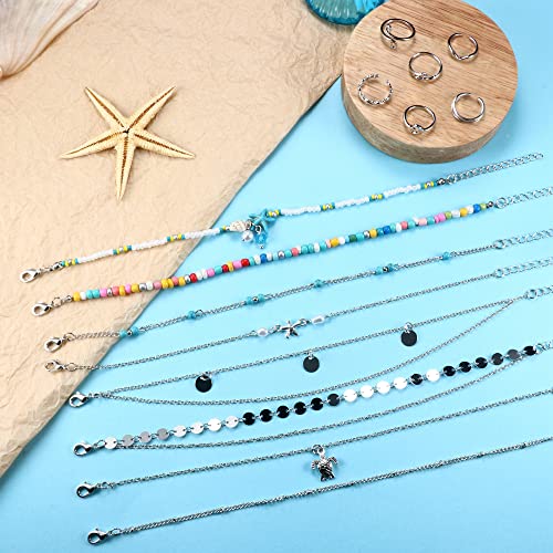 Finrezio Anklet And Toe Rings For Women Silver Gold Plated Toe Rings Ankle Bracelets Cute Beaded Turtle Starfish Beach Chain Anklets Open Tail Band Rings Adjustable Foot Jewelry Set #TOP4