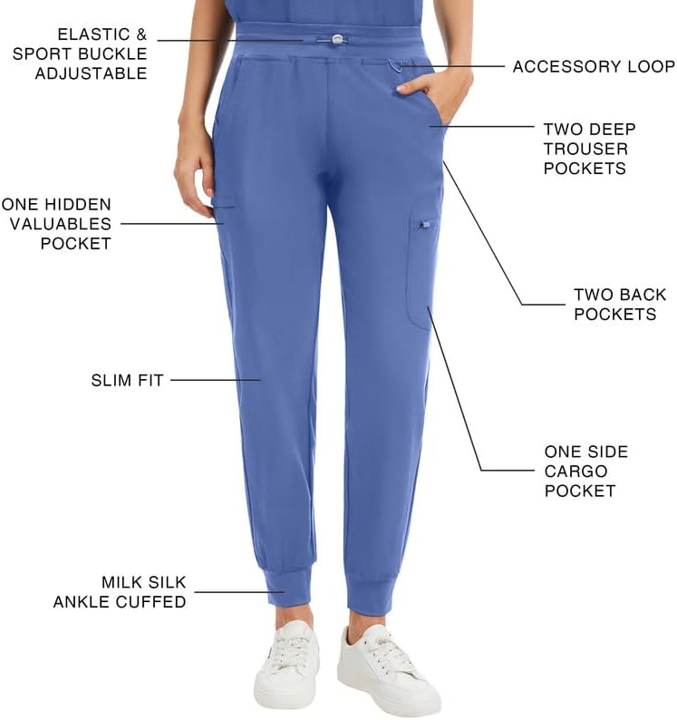 Kitmaz Women's Scrub Set - Convertible Mandarin/V-Neck Top & Jogger Pants, 9 Pockets, Wrinkle & Splash Proof