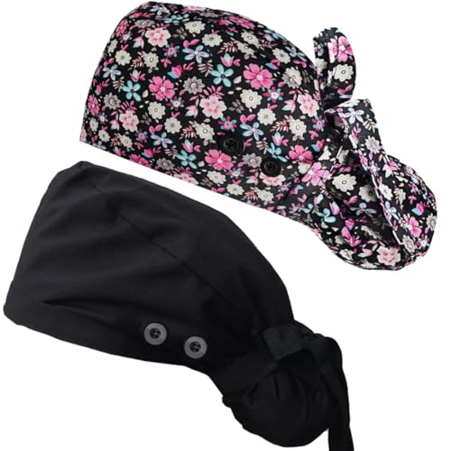 ATHPIK Satin-Lined Surgical Scrub Caps for Nurses/Doctors with Long Hair –Breathable Cotton Surgeon Cap for Healthcare Professionals?Black/Little Pink Rose