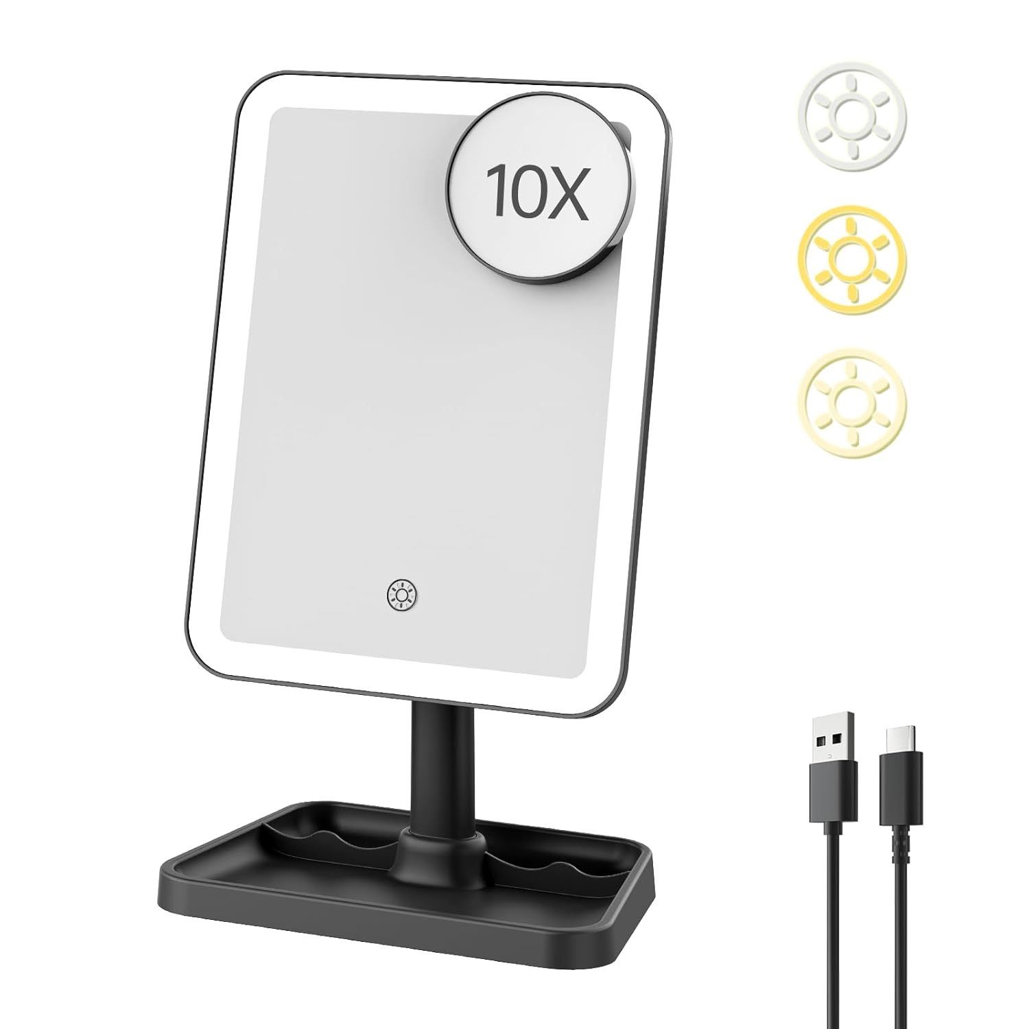 FUNTOUCH Vanity Mirror with Lights, Rechargeable 10X Magnification 3 Color Lighting Portable Tabletop Cosmetic Make Up Mirror, 360° Rotation Led Light up Mirrors with Storage,White - Image 8