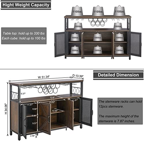Aubtik Industrial Wine Bar Cabinet For Liquor And Glasses, Rustic Sideboard And Buffet With Storage For Home, Farmhouse Coffee Bar Cabinet With Removable Wine Rack And Stemware Racks (Walnut Brown) #TOP2