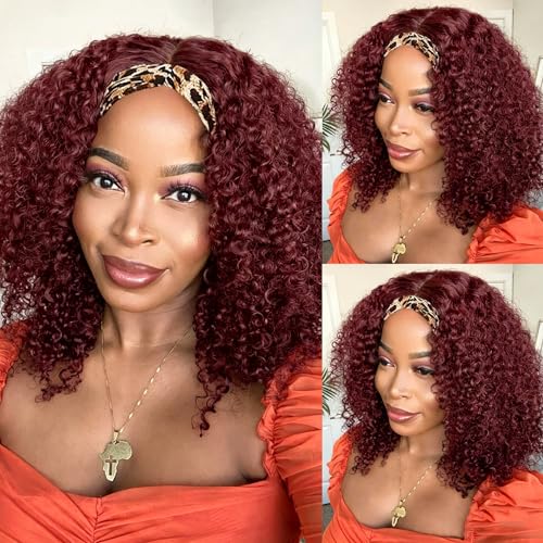 Image of Kinky Curly Headband Wig Human Hair 99J Burgundy Curly Headband Wig Human Hair 150% Density Glueless None Lace Front Wig Brazilian Virgin Headband Half Wigs for Black Women Natural Color 16Inch