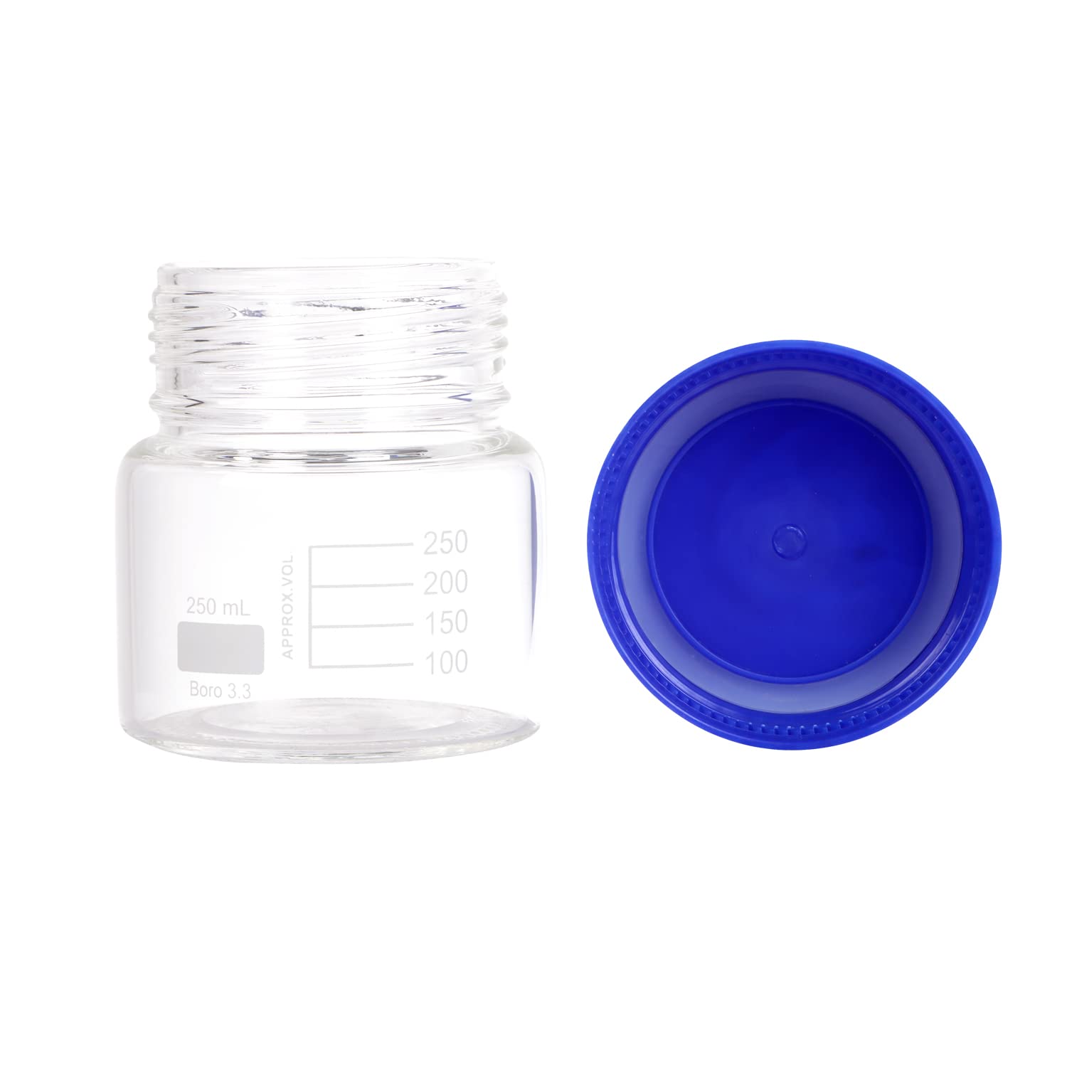 Paquete de 4 botellas de vidrio de borosilicato de boca ancha graduadas redondas de 250 ml con tapa de rosca azul GL80
