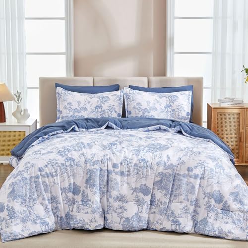 Image of DJY Blue Comforter Set Twin Size,5 Pieces Botanical Comforters with Sheets Elegant Plants Print Soft Microfiber Reversible Complete Bedding Sets for All Season