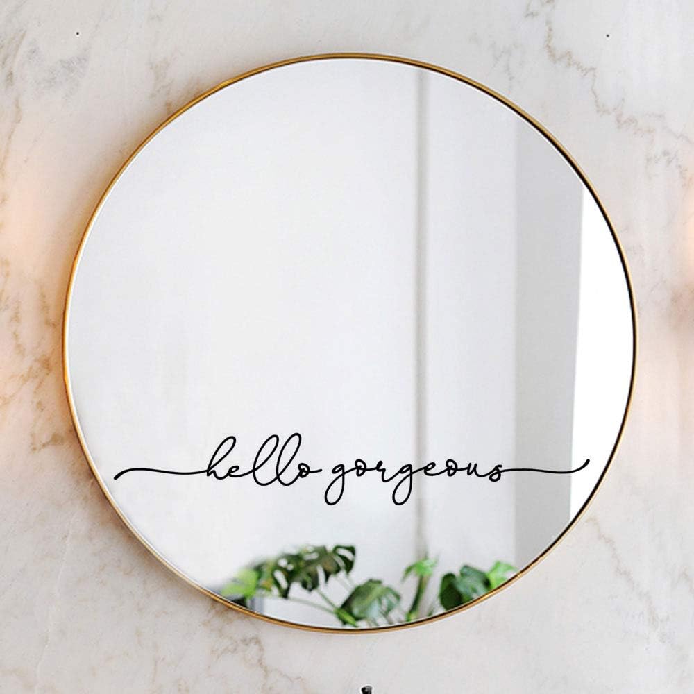 “Hello Gorgeous” Vinyl Mirror Decal – 18x2.7 Inch Bathroom Wall Decor Sticker, Inspirational Quote, Vinyl Only