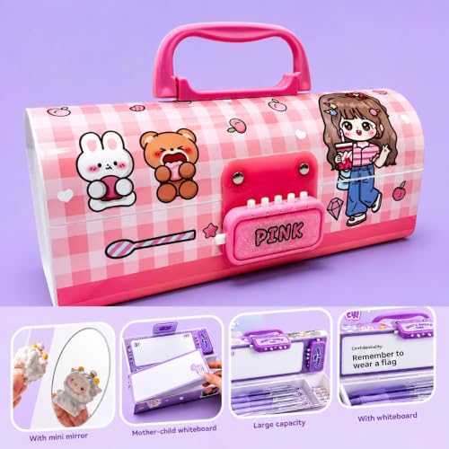 Image of Pink Beauty Pencil Box Set with Eraser, Lockable School Case | Pink Beauty pencil box with handle, lock design and push-pull eraser for organized school supplies.