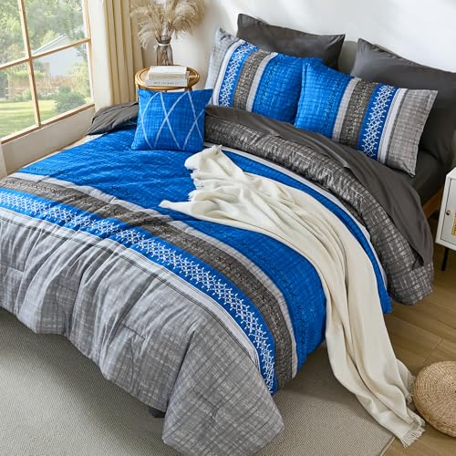 Image of Dintszyayue Blue Queen Comforter Size Set, 8 Pieces Boho Striped Texture Bed in a Bag Sets, Lightweight Soft Bohemian Comforter and Sheet Set, All Season Microfiber Bedding Sets for Men Women