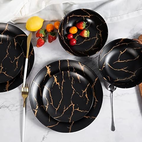 Melamine Dinnerware Set, 12pcs Plates and Bowls Sets, Kitchen Dinner Set, Best for Indoor and Outdoor Party, BPA-Free Dishwasher Safe Cover