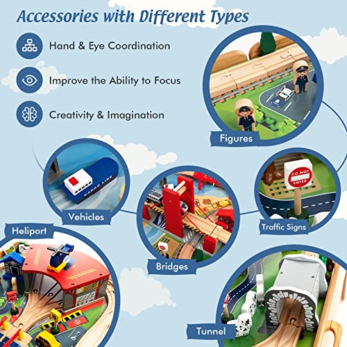 Image of Costzon 2-in-1 Wooden Train Table with Storage Drawer | Kids Activity Table w / 100 Pieces Railway, Track, Cars, City, DIY Design, Reversible Tabletop, Gift for Boys Girls
