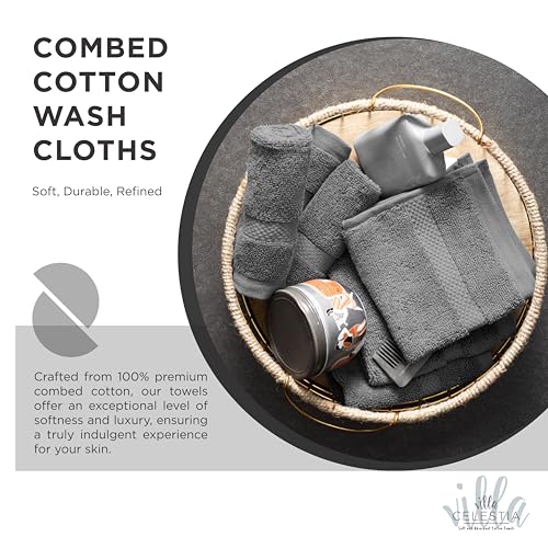 Image of Villa Celestia Cotton Washcloths Set of 12, 12x12 Inch, 100% Ring-Spun Combed Cotton, Soft Absorbent Quick-Dry Wash Cloths for Face and Body, Oeko-TEX Certified, Hotel & Spa Quality, Grey