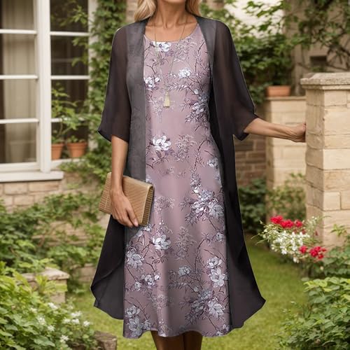 Boho Floral Print Wedding Guest Midi Dress for Women Casual 2 Piece Dress Set Chiffon Jacket Sleeveless Flowy Dress2