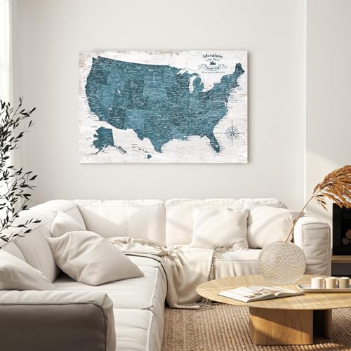 Image of IPIC - Antique Blue USA Travel Map, Pin Board Canvas Wall Art, Travel Map with Pins Included, Ready to Hang for Home or Office, 36x24 Inch