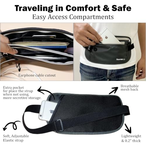 Image of RFID Blocking Passport Holder Travel Pouch for Men & Women - Hidden Money Belt with Anti-Theft Locking Zipper, Slim Waterproof Waist Wallet for Cash, Credit Cards, Passport & Travel Documents (Onyx)