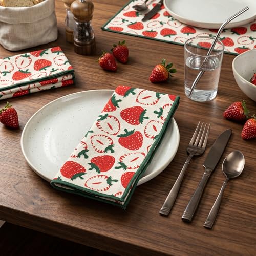 Image of R home Strawberry Print Cotton Napkins Set of 12 - 16x16 Inch (40x40 cm) | Soft Slub Cotton Dining & Cocktail Napkins | Reusable Machine Washable Cloth Napkins with Peko Borders