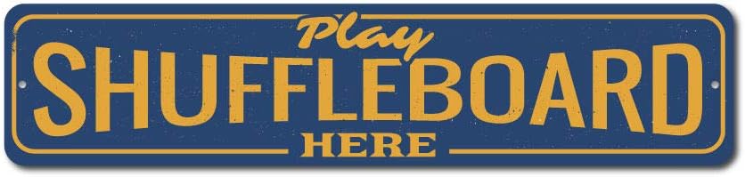 Play Shuffleboard Here Sign, Custom Tournament Game Winner Sign, Game Room Man Cave Dorm Aluminum Decor - 4" x 18"