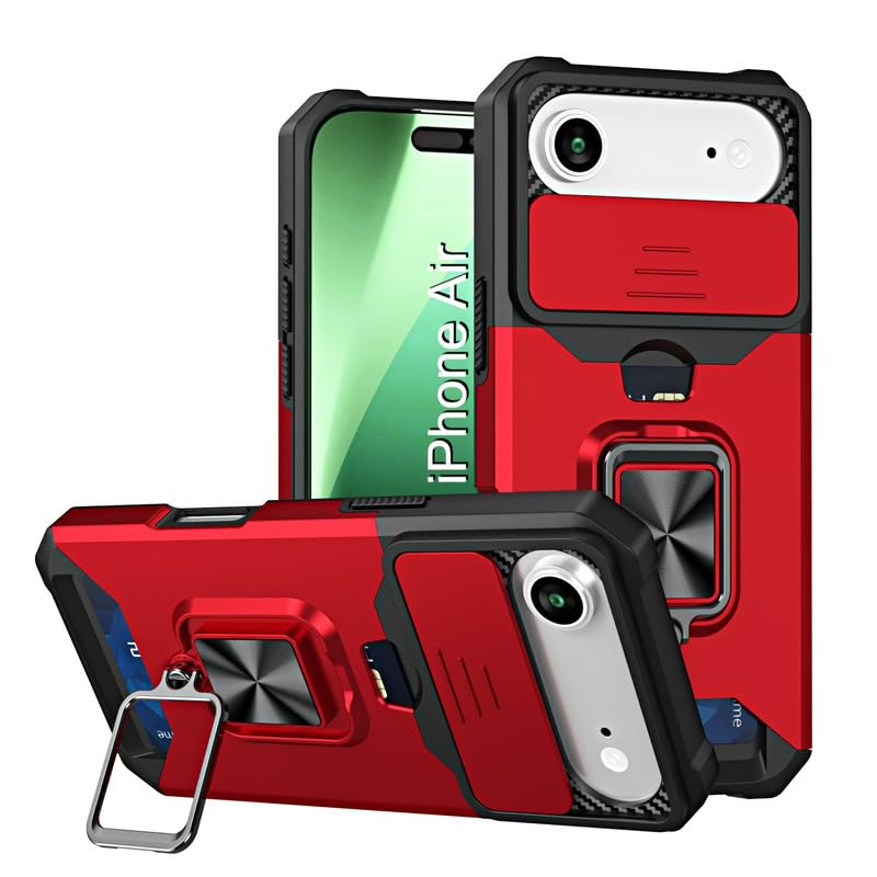 Image of LuxuryKase Shockproof Armor Case for iPhone Air | Slide Camera Cover | Hidden Card Slot | Rotating Ring Kickstand | Magnetic Car Mount Support | Military Grade Protection - Red