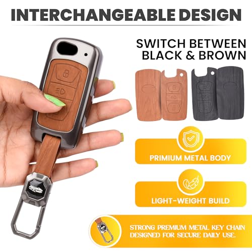 Image of Car Key Cover Compatible with Tata Nexon|Altroz|Tiago|Punch|Harrier|Safari|Tigor 3-Button Flip Smart Key (Dual Leather Metal (Black & Brown))