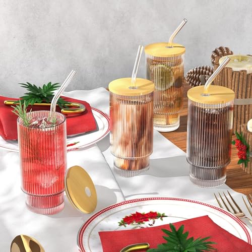 Image of SYANKA Stackable Glass Sipper with Wooden Lid and Straw Pack of 6, 300 ML - Coffee Mug with Lid, Use as a Travel Mug, Mason Jar, Can Sipper, Juice Cup. Ideal for Coffee, Green Tea, Iced Tea