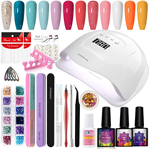 Gel Nail Polish Kit Phoenixy Gel Polish Kit with 80W U V LED Nail Lamp 12 Colors Gel Nail Polish Starter Kit Basic Manicure Tools Christmas Gifts for Women