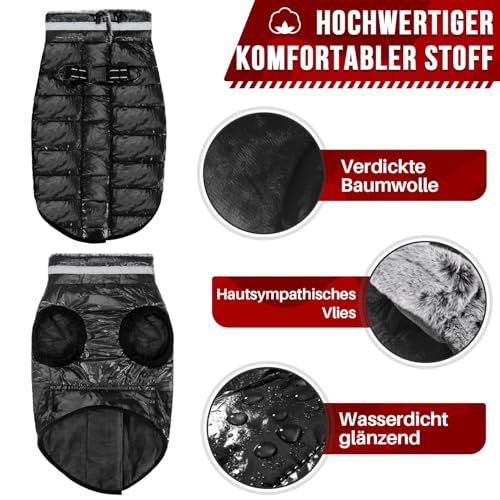 Eyein Wasserdichter Hundemantel mit Geschirr, Fleece Rollkragen Warme Hundewinterjacke mit doppeltem Reißverschluss, reflektierende Hundeschneejacke für kleine mittlere große Hunde, Schwarz, M