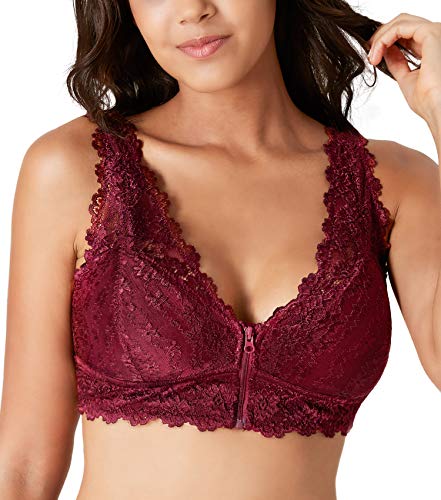 Rolewpy Floral Lace Bralette for Women, Zipper Wireless Bra Lingerie with Removable Padded Halter Crop Top (Burgandy, XL (40B 40C 40D))