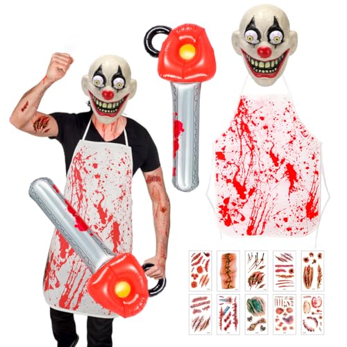 Disfraz de Payaso Asesino en Serie, Disfraces de Halloween Aterradores para Hombres, Máscara de Payaso de Terror, Etiqueta Engomada Sangrienta, Delantal, Motosierra Inflable para Carnaval Halloween