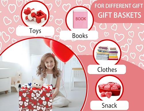 Image of Large Valentine's Day Basket Heart Shaped Storage Bin for Gifts Collapsible Organizer Room Decor (Brown Bottom White Red Love)