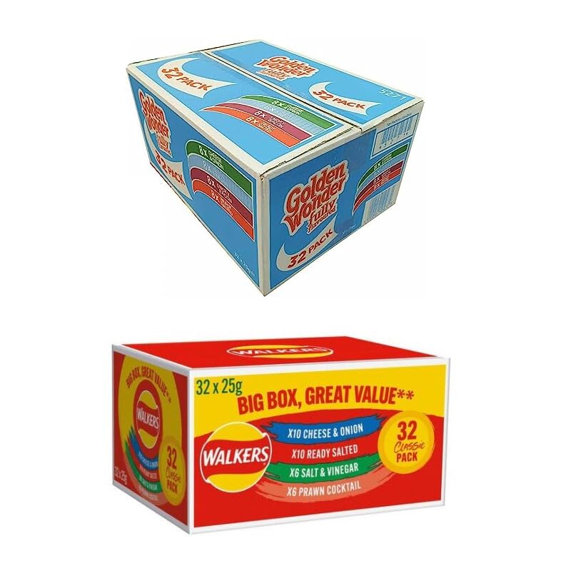 Golden Wonder Fully Flavoured Blue Box And Walkers Big Red Box Cheese and Onion Salt and Vinegar Smoky Bacon Ready Salted Prawn Cocktails 32pkx25g /Total 64 Individual Bags | By IDEAONIC