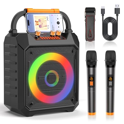 Bluetooth 5.4-Portable Karaoke Machine for Adults with 2 Wireless UHF Microphones, 7 Dynamic Lights...