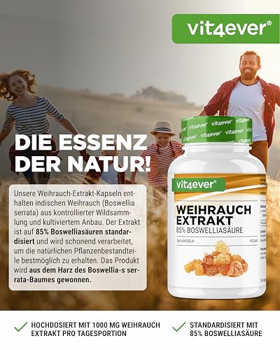 vit4ever Weihrauch Extrakt - 365 Kapseln - Premium: 85% Boswellia-Säure - Hochdosiert mit 1000 mg je Tagesdosis - Echtes indisches Boswellia Serrata - Laborgeprüft - Vegan