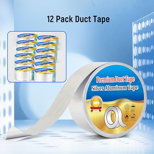 Image of Aluminum Foil Tape, 12 Pack Duct Tape Insulation Adhesive Metal High Temperature Duct Tape Heavy Duty Waterproof, Silver for Duct Work, Dryer Vent, HVAC，2 inch *22 Yards