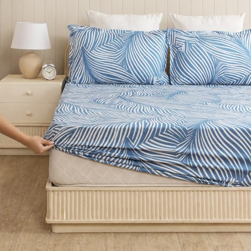 Image of HOMEMONDE Cotton Fitted Sheet Feather Printed Double Size Elastic Fitted Bedsheet with Two Pillow Covers |186 TC | (78 X 60 Inches, Blue Feather) | Perfect for Home Decor & Gifting