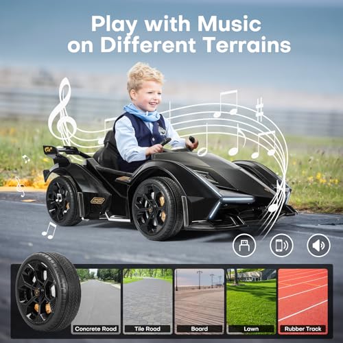Image of TEOAYEAH Kids Ride on Car, Licensed Lamborghini V12 Vision GT Roadster, 12V7Ah Battery Powered Electric Car Ride-on Toy with Remote Control, Spring Suspension, LED Lights, Bluetooth, Music, Black